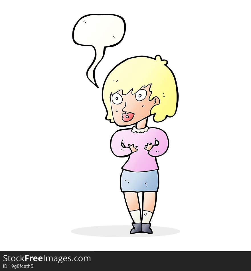 cartoon woman making Who Me? gesture with speech bubble