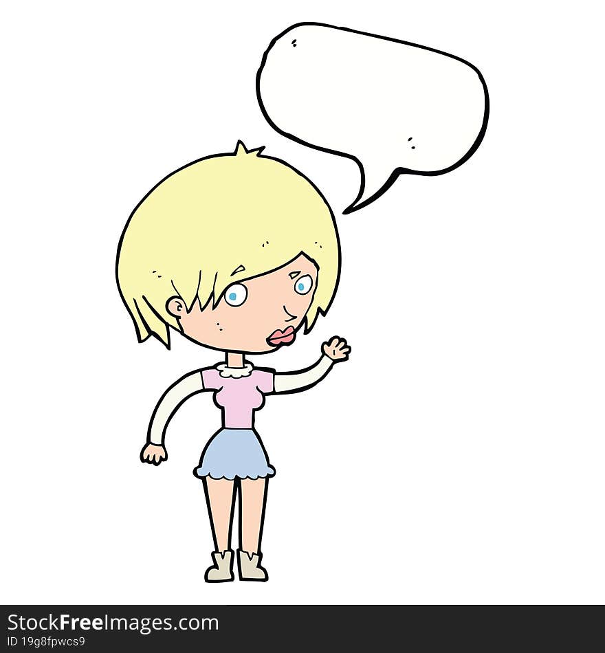 cartoon waving woman with speech bubble