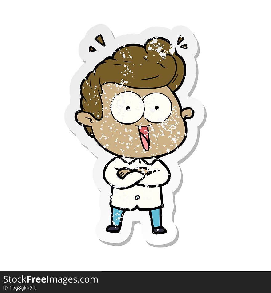 distressed sticker of a cartoon excited man