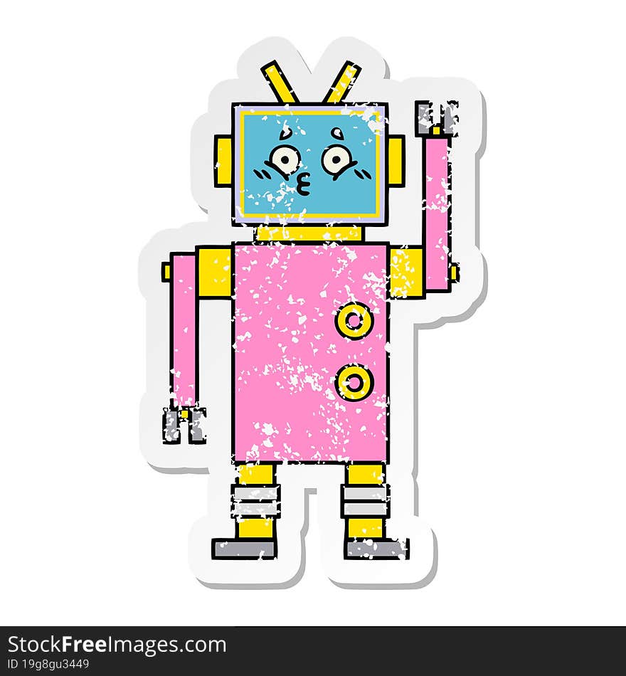 Distressed Sticker Of A Cute Cartoon Robot