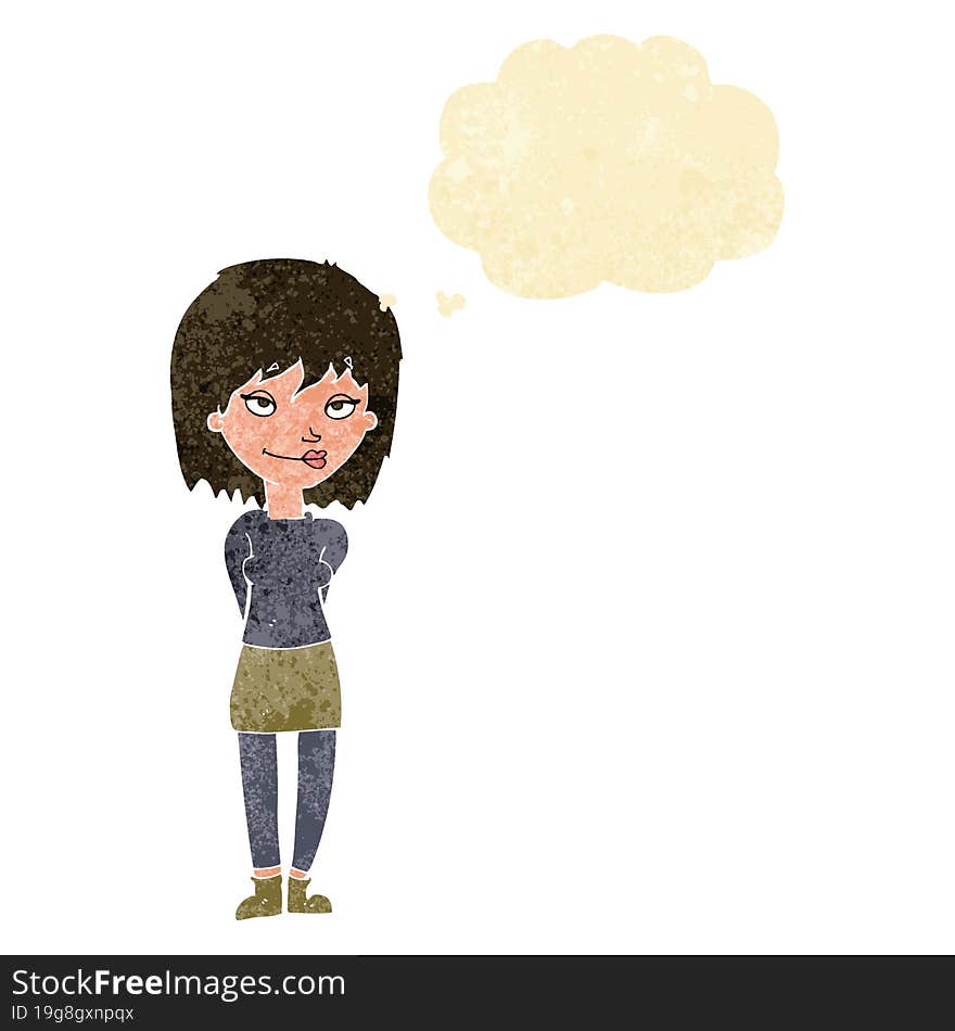 cartoon happy woman with thought bubble