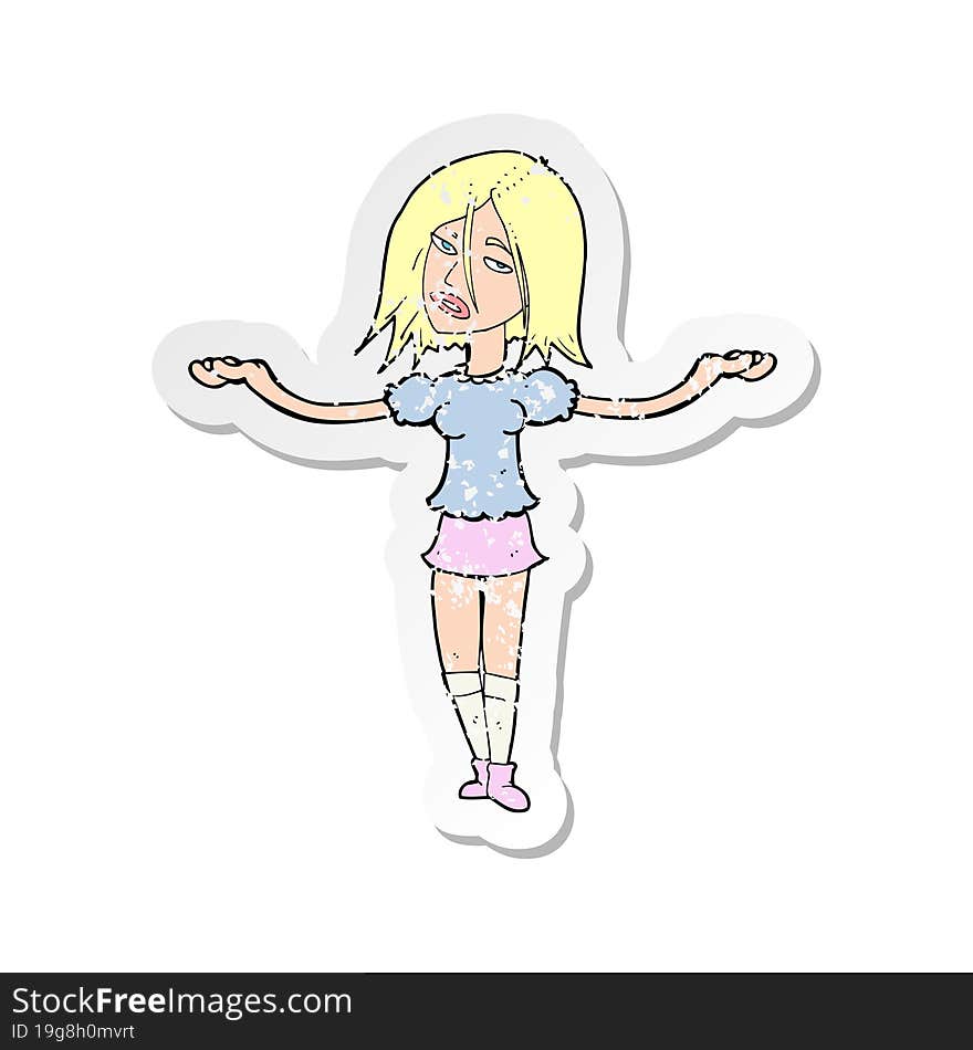 retro distressed sticker of a cartoon woman shrugging shoulders