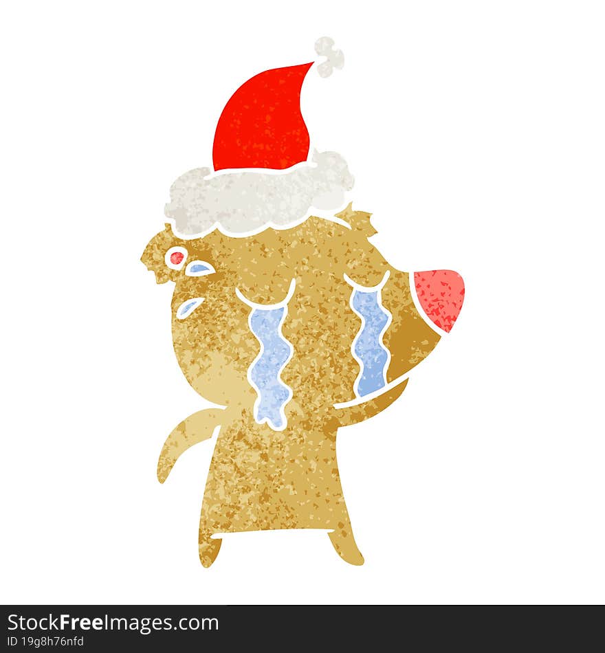 retro cartoon of a crying bear wearing santa hat