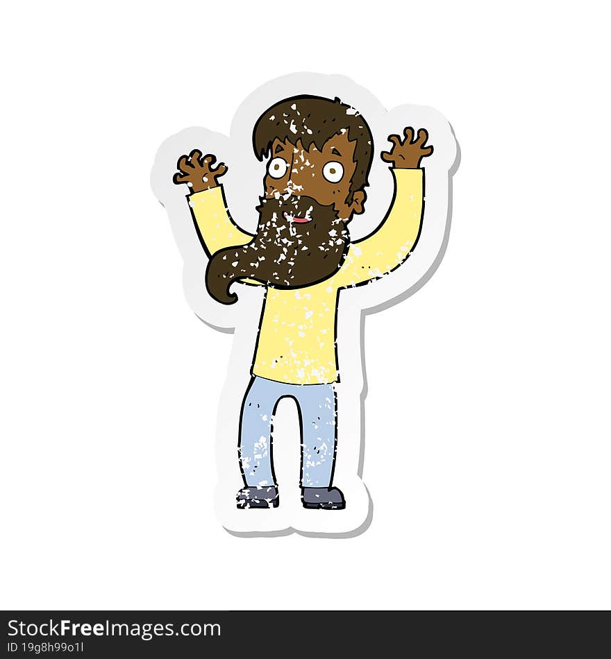 retro distressed sticker of a cartoon excited man with beard