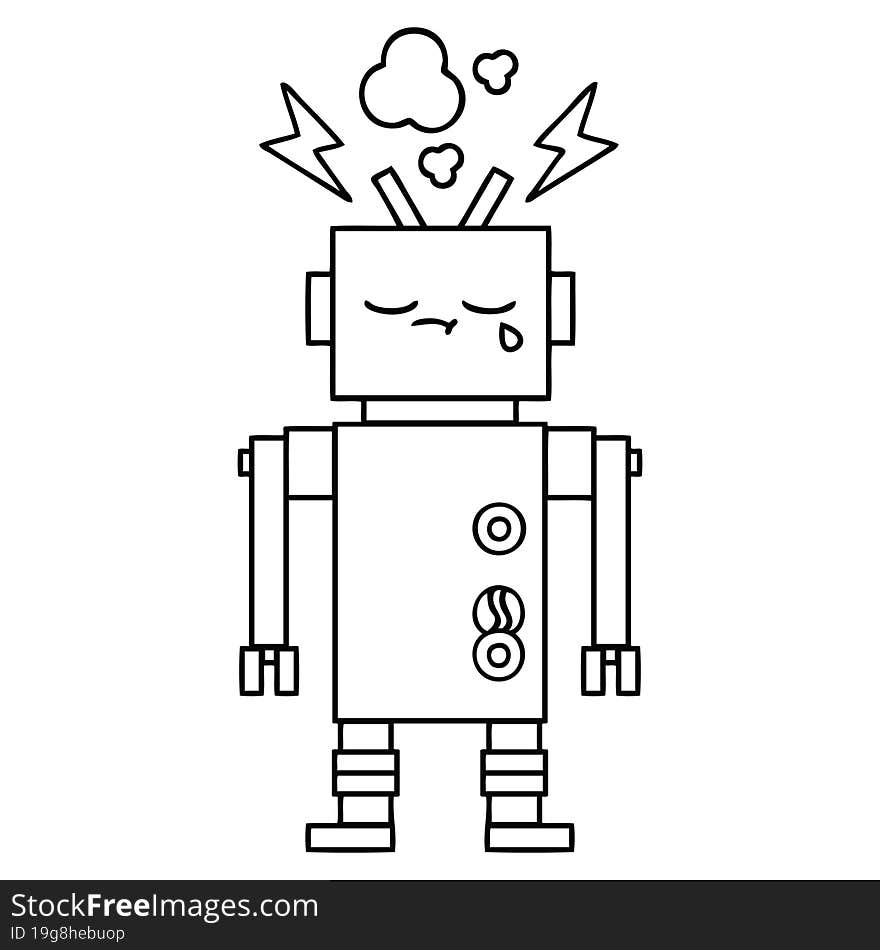 Line Drawing Cartoon Malfunctioning Robot