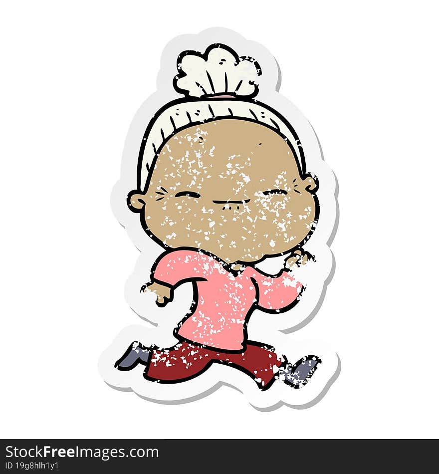 distressed sticker of a cartoon peaceful old woman