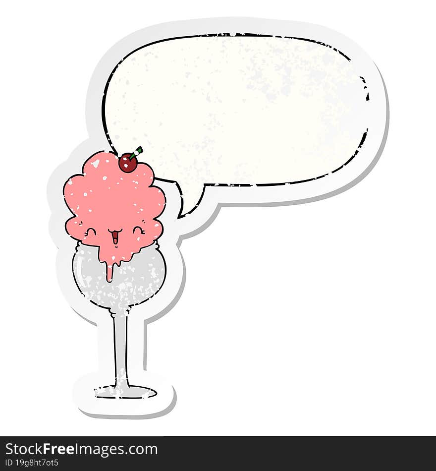 Cute Cartoon Ice Cream Desert And Speech Bubble Distressed Sticker