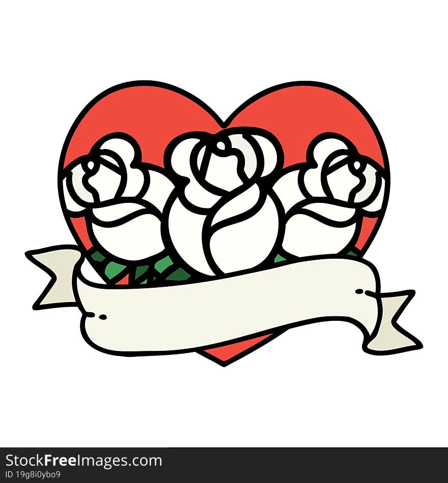 traditional tattoo of a heart and banner with flowers