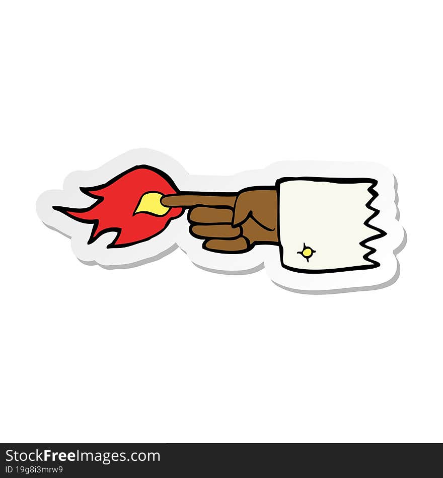 sticker of a cartoon flaming pointing finger symbol