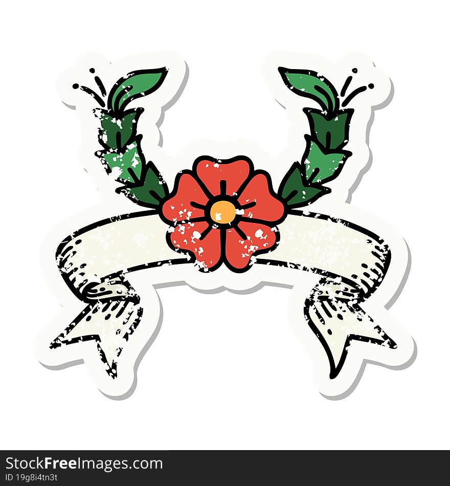 Grunge Sticker With Banner Of A Decorative Flower