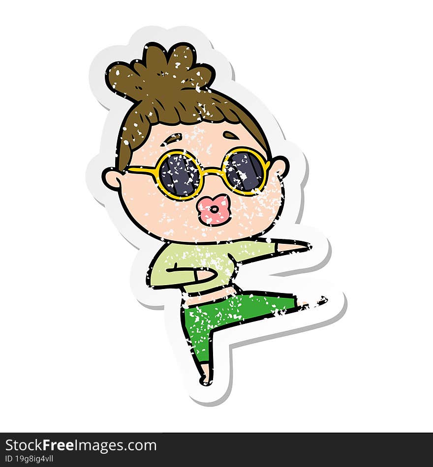 Distressed Sticker Of A Cartoon Dancing Woman Wearing Sunglasses