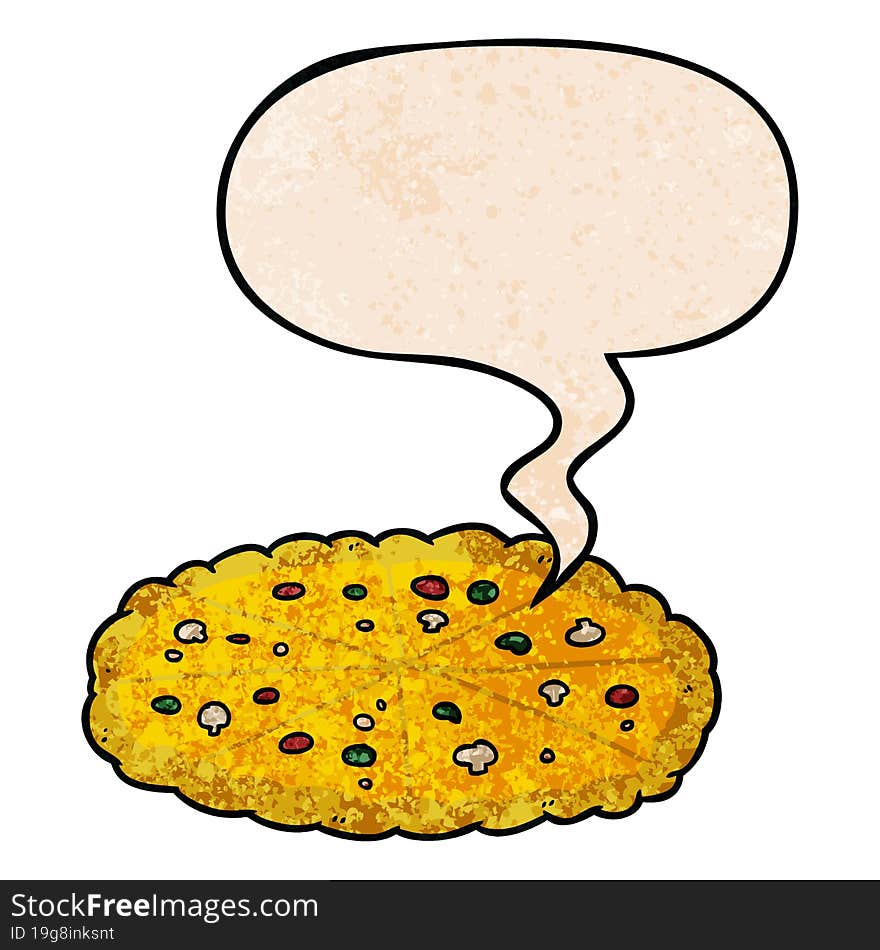 Cartoon Double Cheese Pizza And Speech Bubble In Retro Texture Style