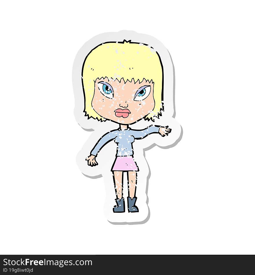 retro distressed sticker of a cartoon woman making gesture