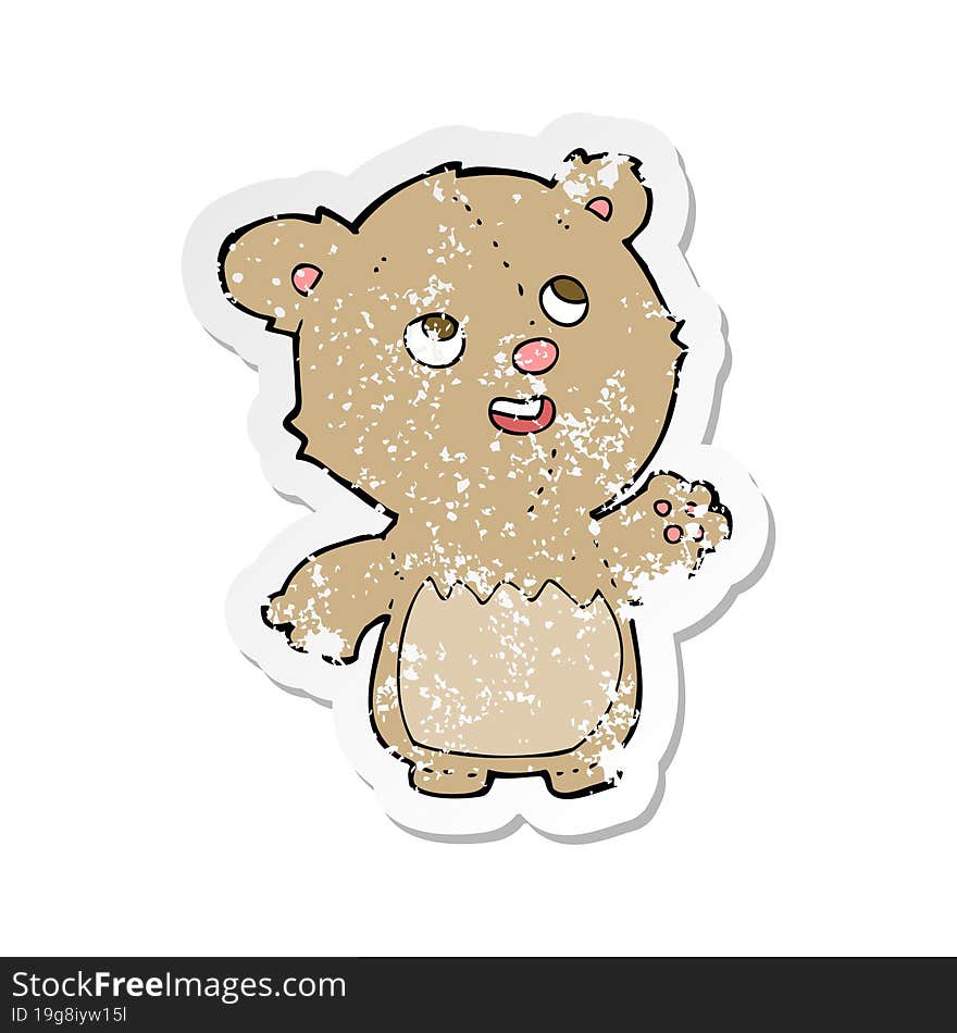 retro distressed sticker of a cartoon happy little teddy bear