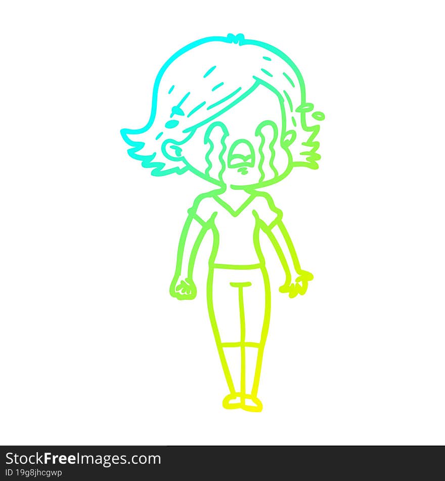 cold gradient line drawing of a cartoon woman crying