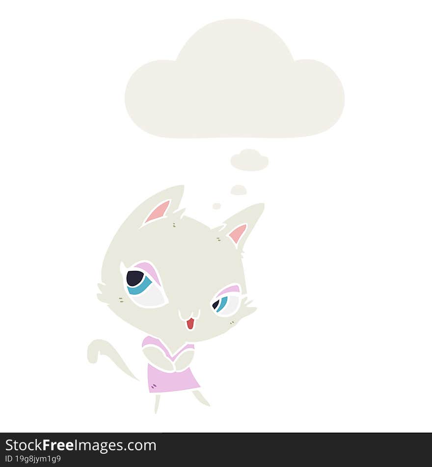 cartoon female cat with thought bubble in retro style