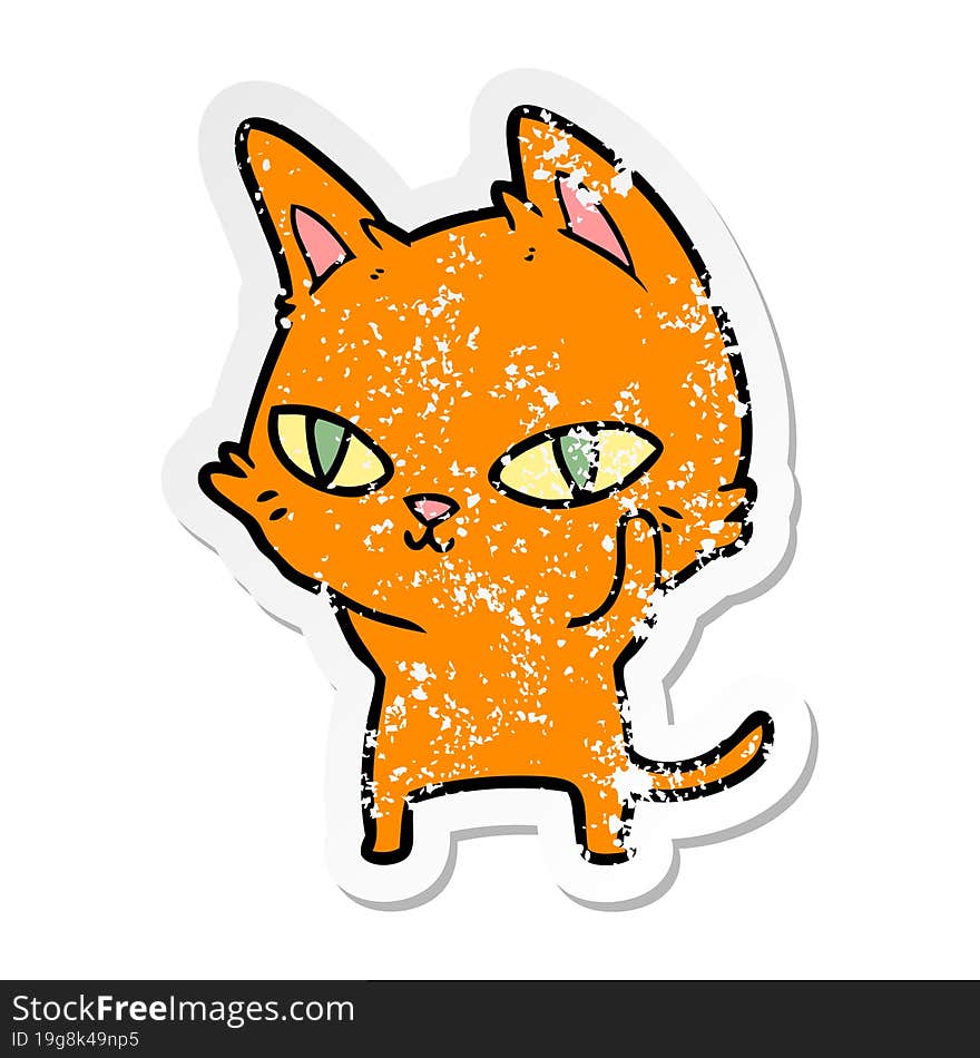 Distressed Sticker Of A Cartoon Cat With Bright Eyes