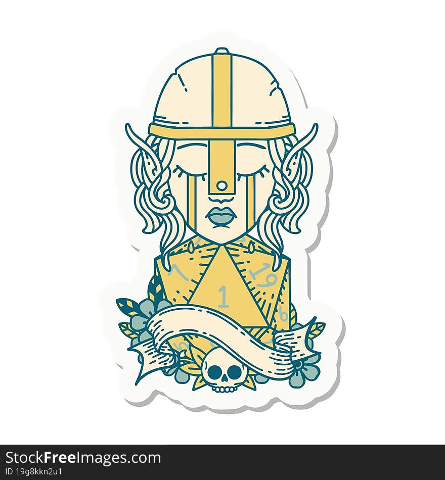 sticker of a crying elf fighter character face with natural one D20 roll. sticker of a crying elf fighter character face with natural one D20 roll