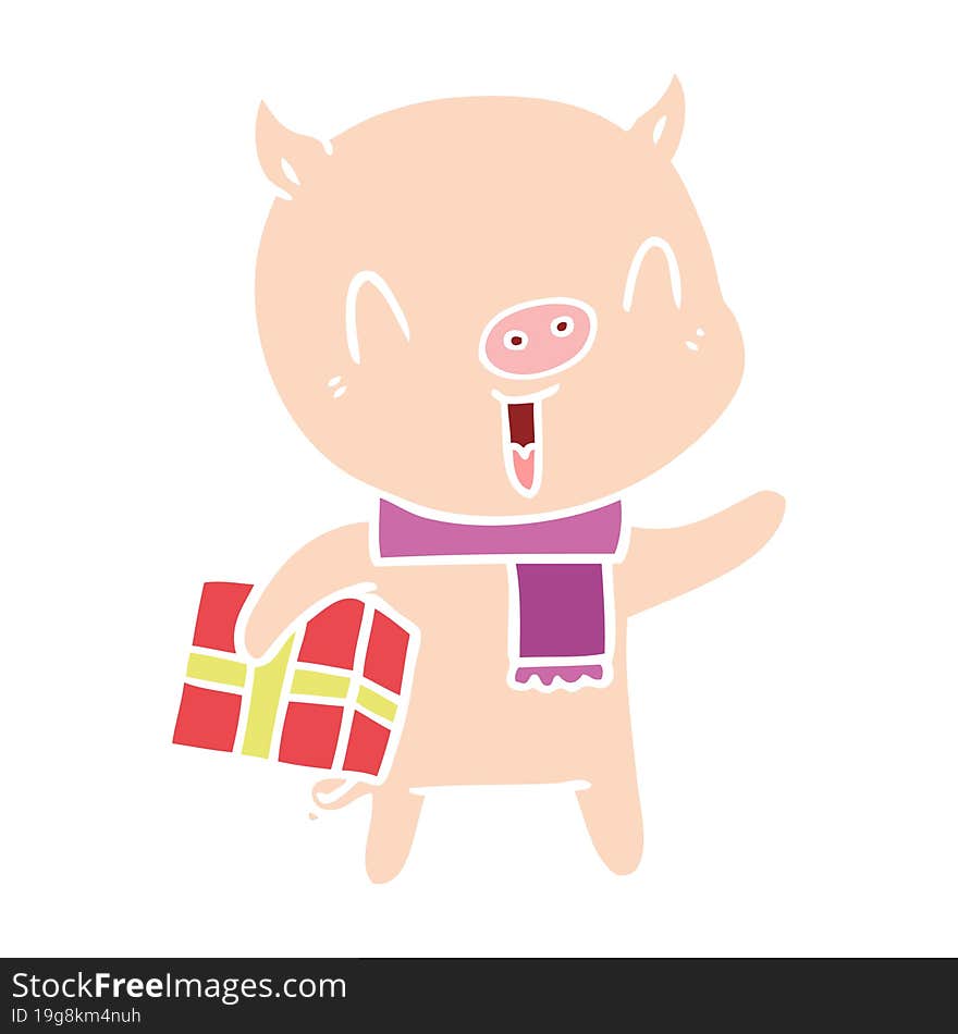 happy flat color style cartoon pig with xmas present