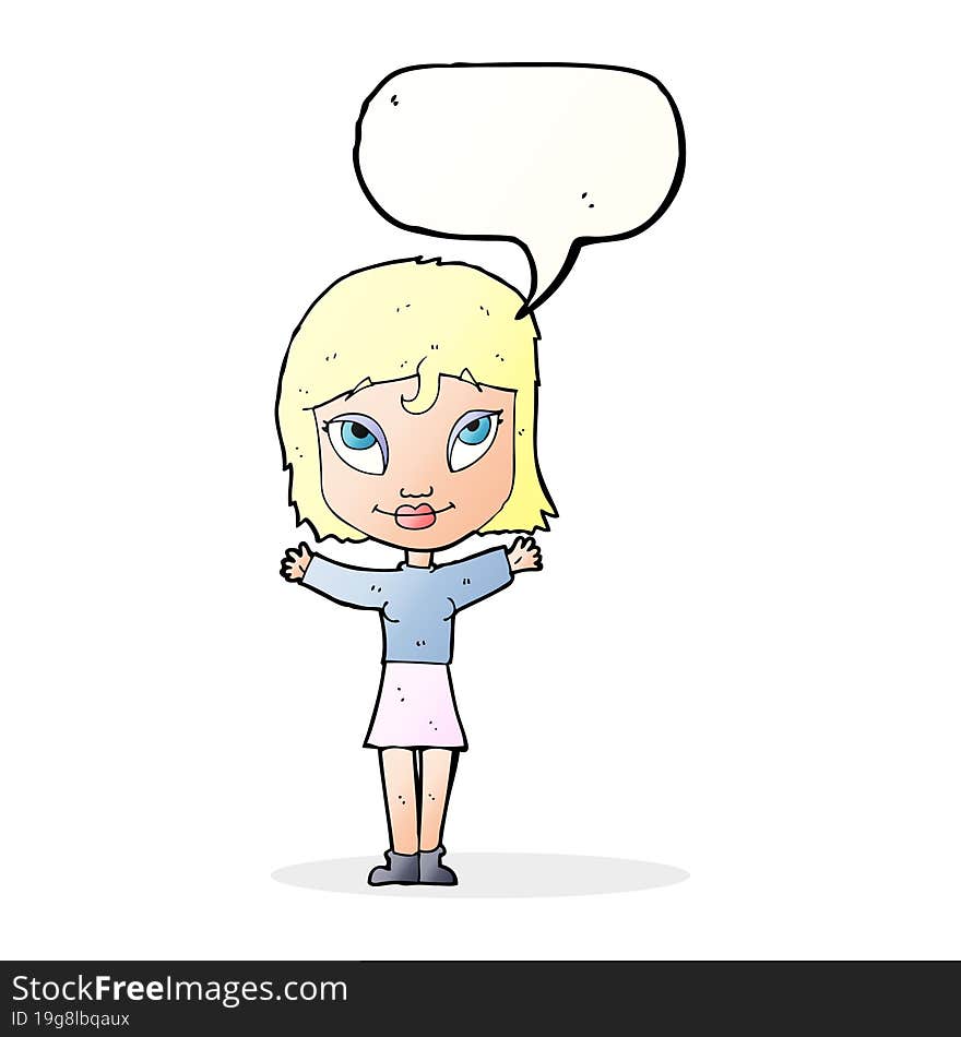 cartoon woman with open arms with speech bubble