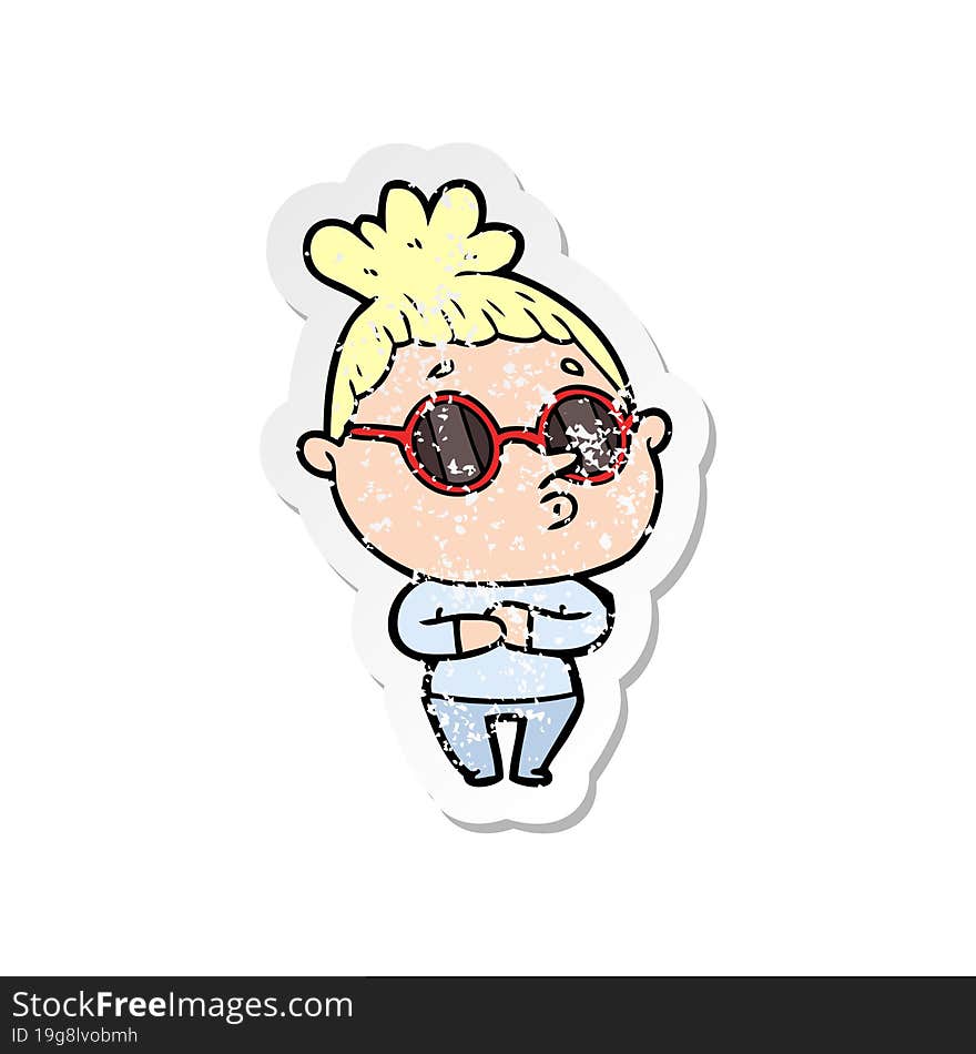 distressed sticker of a cartoon woman wearing sunglasses