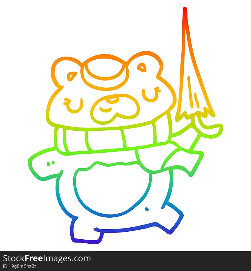 rainbow gradient line drawing of a cartoon bear with umbrella