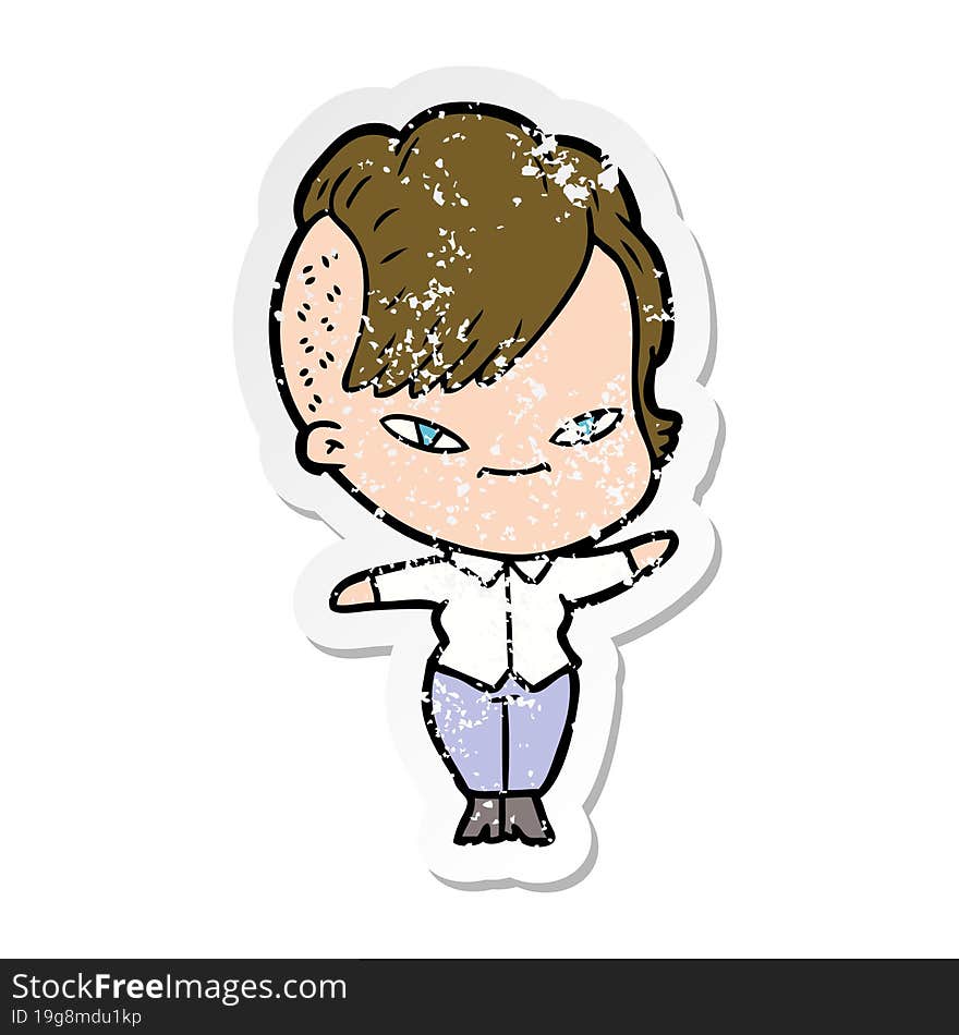 Distressed Sticker Of A Cute Cartoon Girl With Hipster Haircut