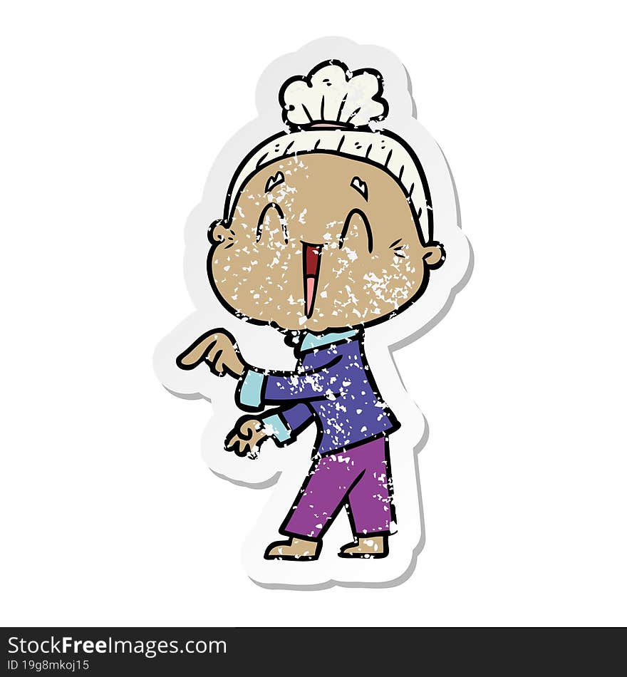 Distressed Sticker Of A Cartoon Happy Old Lady