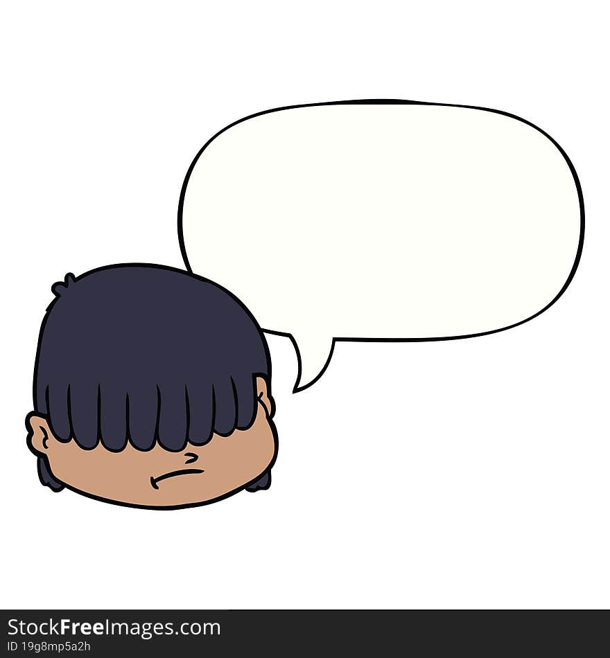 cartoon face with hair over eyes with speech bubble. cartoon face with hair over eyes with speech bubble