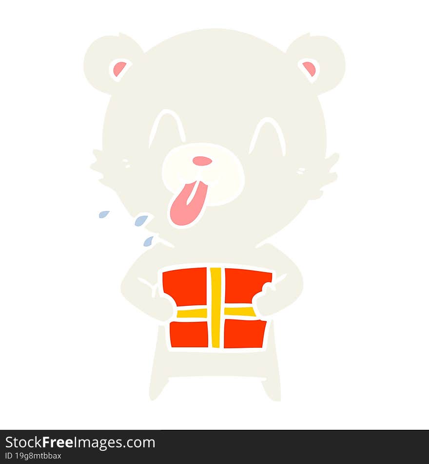 rude flat color style cartoon polar bear sticking out tongue with present