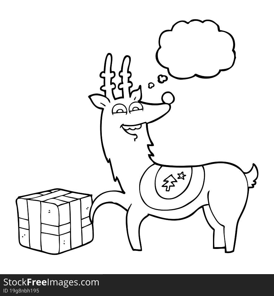 thought bubble cartoon christmas reindeer with present