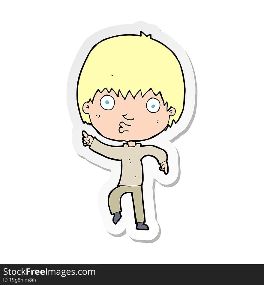 sticker of a cartoon impressed boy pointing