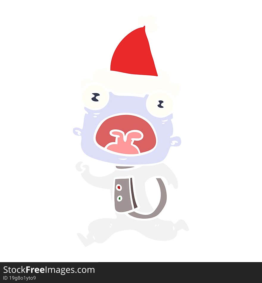 hand drawn flat color illustration of a weird alien running away wearing santa hat