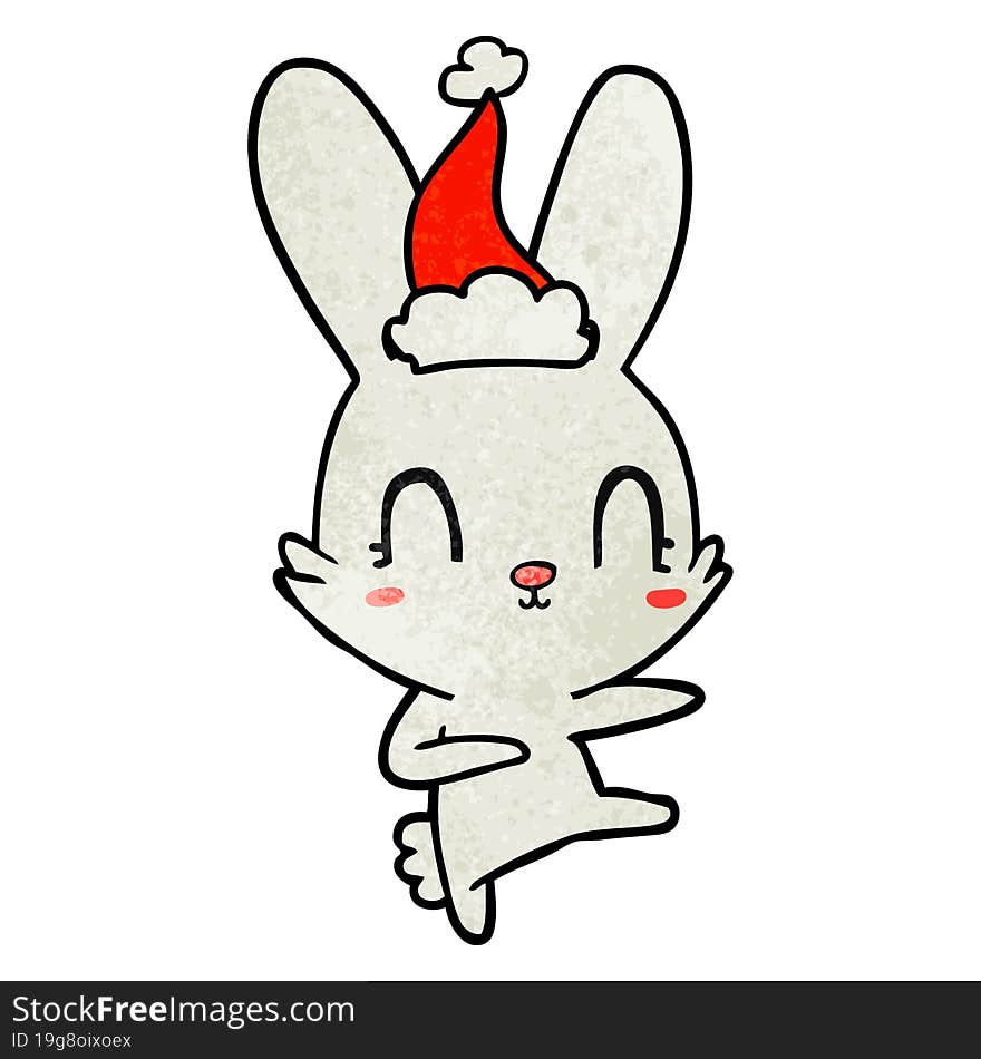 cute textured cartoon of a rabbit dancing wearing santa hat