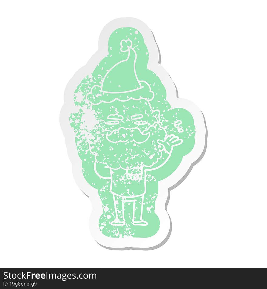 Cartoon Distressed Sticker Of A Dismissive Man With Beard Frowning Wearing Santa Hat