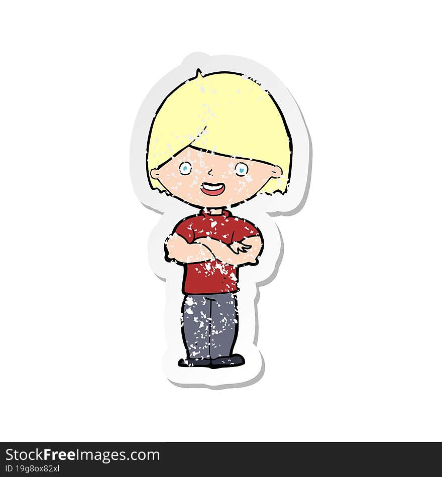 retro distressed sticker of a cartoon man with crossed arms