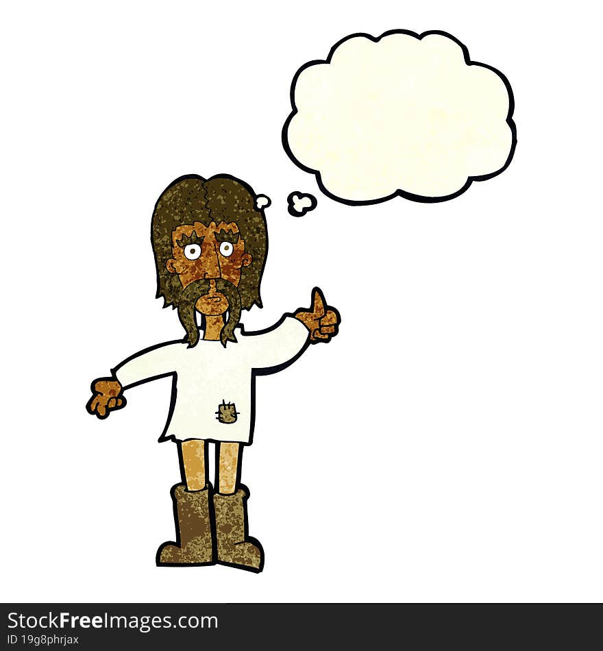 cartoon hippie man giving thumbs up symbol with thought bubble