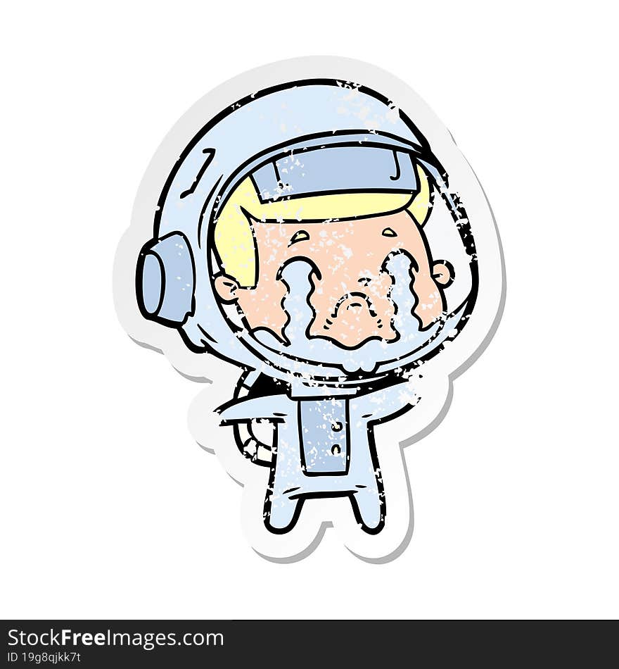 distressed sticker of a cartoon crying astronaut