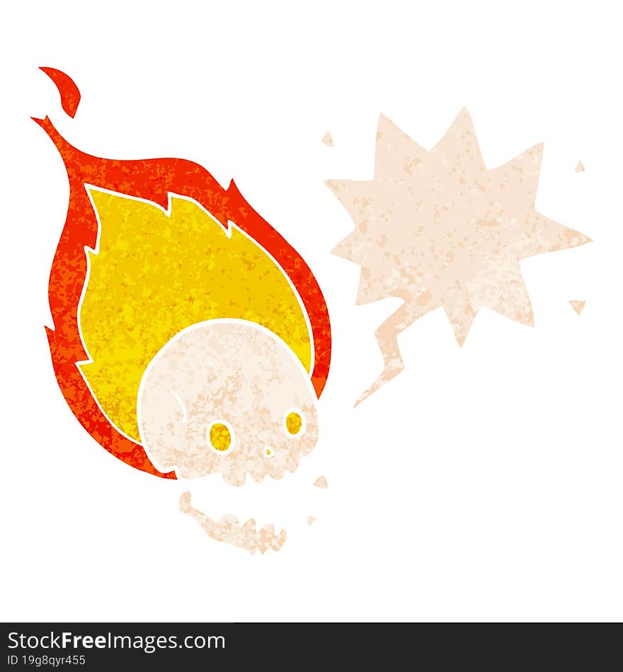 spooky cartoon flaming skull and speech bubble in retro textured style