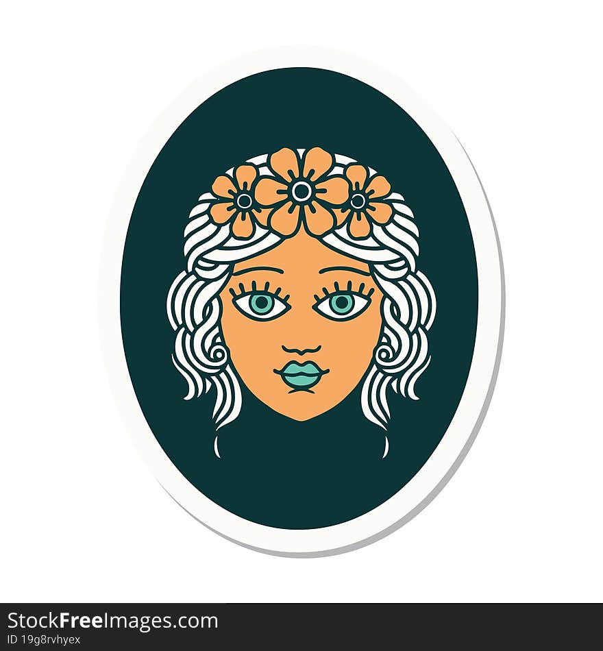 tattoo style sticker of a maiden with crown of flowers