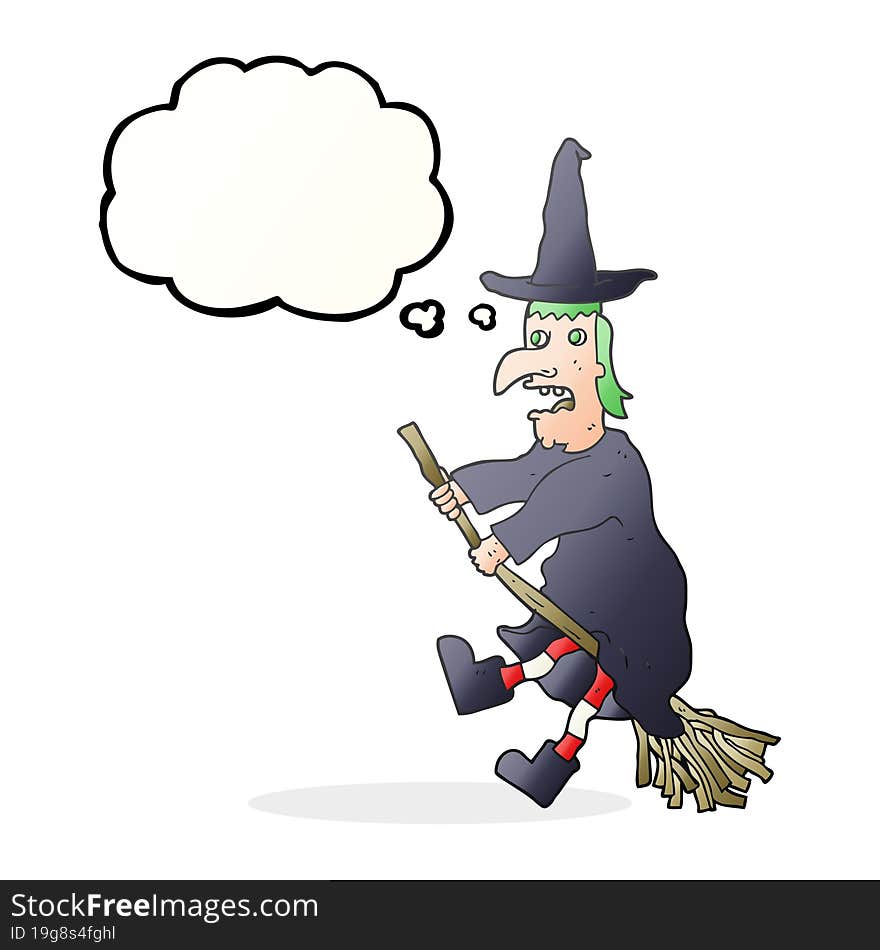 thought bubble cartoon witch flying on broom