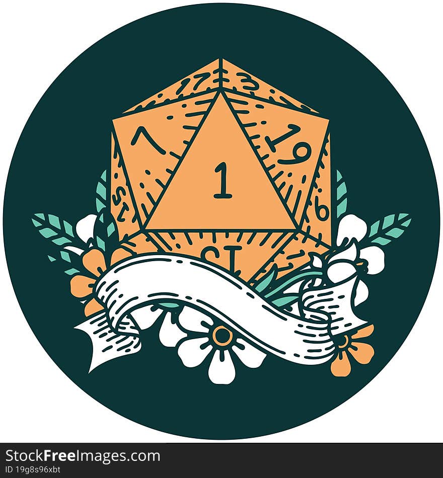 icon of natural one d20 dice roll. icon of natural one d20 dice roll