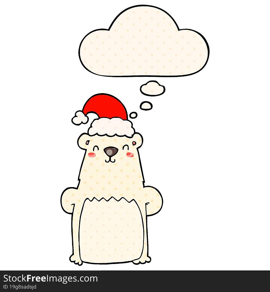 cartoon bear wearing christmas hat and thought bubble in comic book style