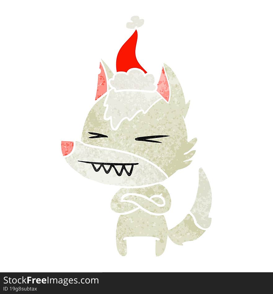 angry wolf retro cartoon of a wearing santa hat