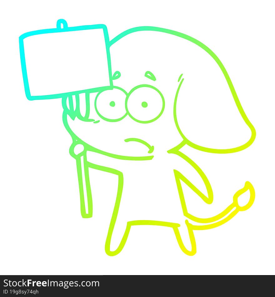 cold gradient line drawing of a cartoon unsure elephant with protest sign