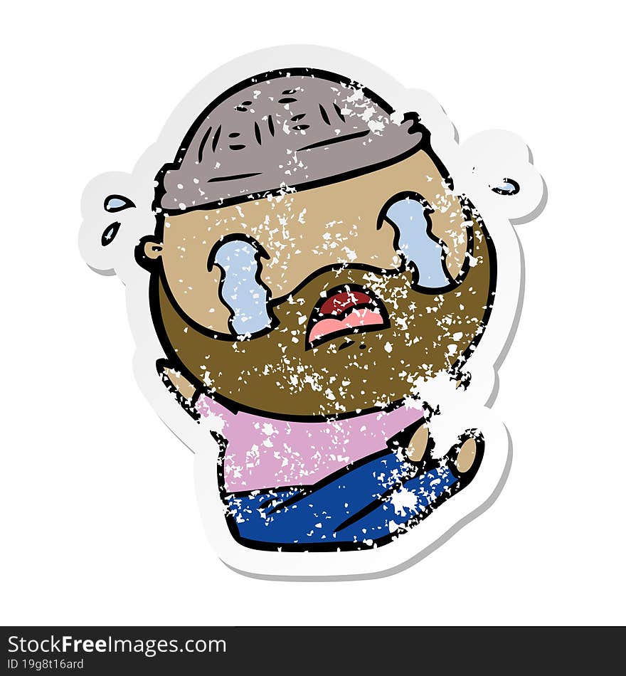 distressed sticker of a cartoon bearded man crying