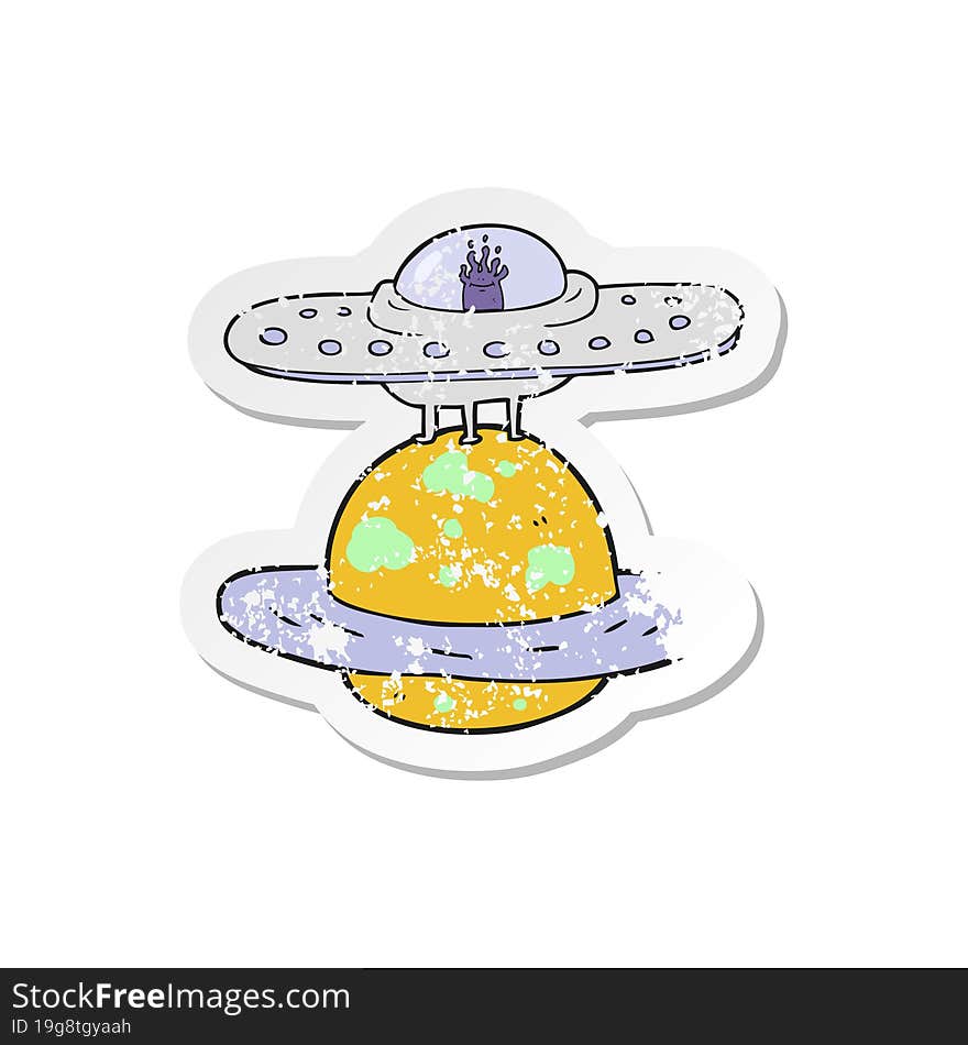 retro distressed sticker of a cartoon flying saucer