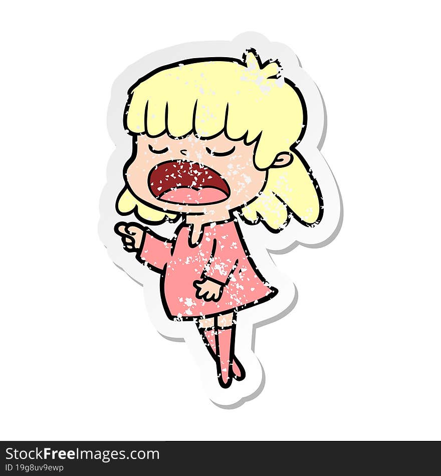 distressed sticker of a cartoon woman talking loudly