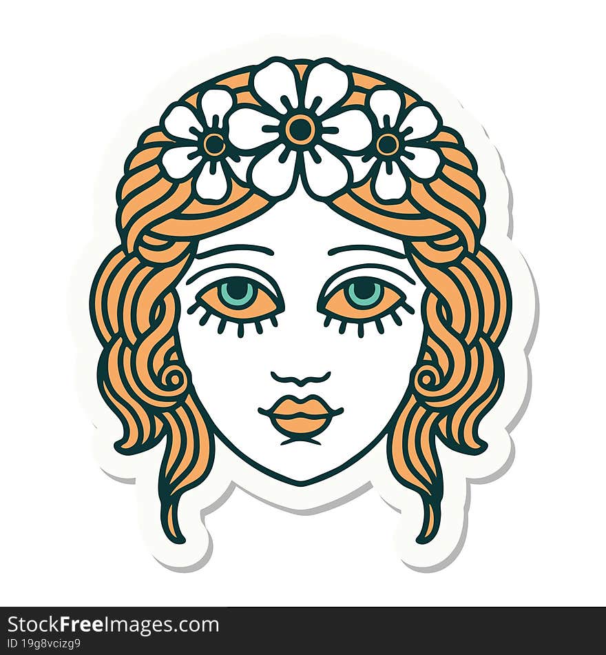 tattoo style sticker of female face with crown of flowers