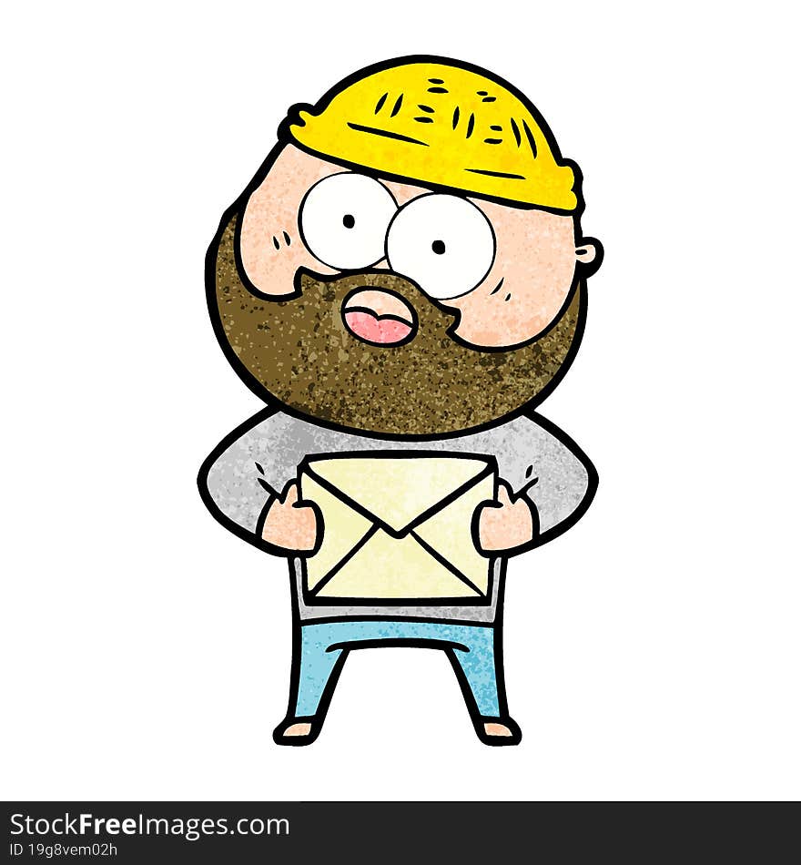 cartoon surprised bearded man holding letter. cartoon surprised bearded man holding letter